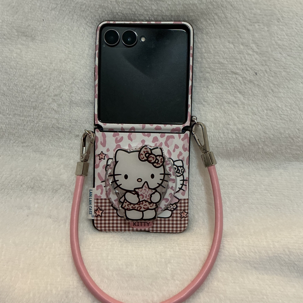 Galaxy Z Flip 7 Hello Kitty Pink and White Case with Detachable Strap